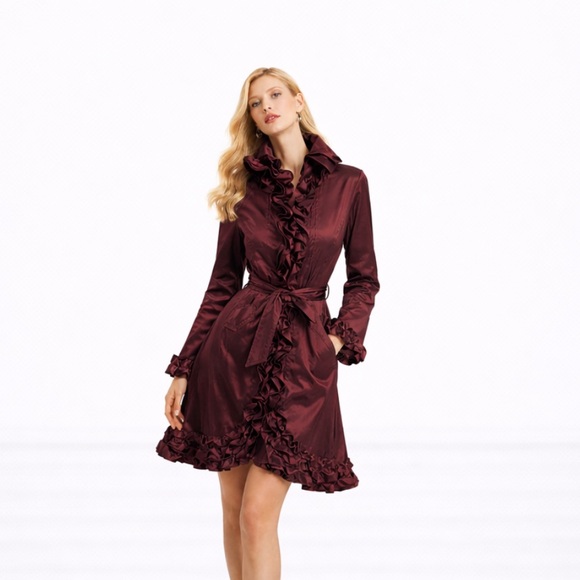 Samuel Dong Jackets & Blazers - Samuel Dong classic ruffle trench coat evening wear Crimson Satin